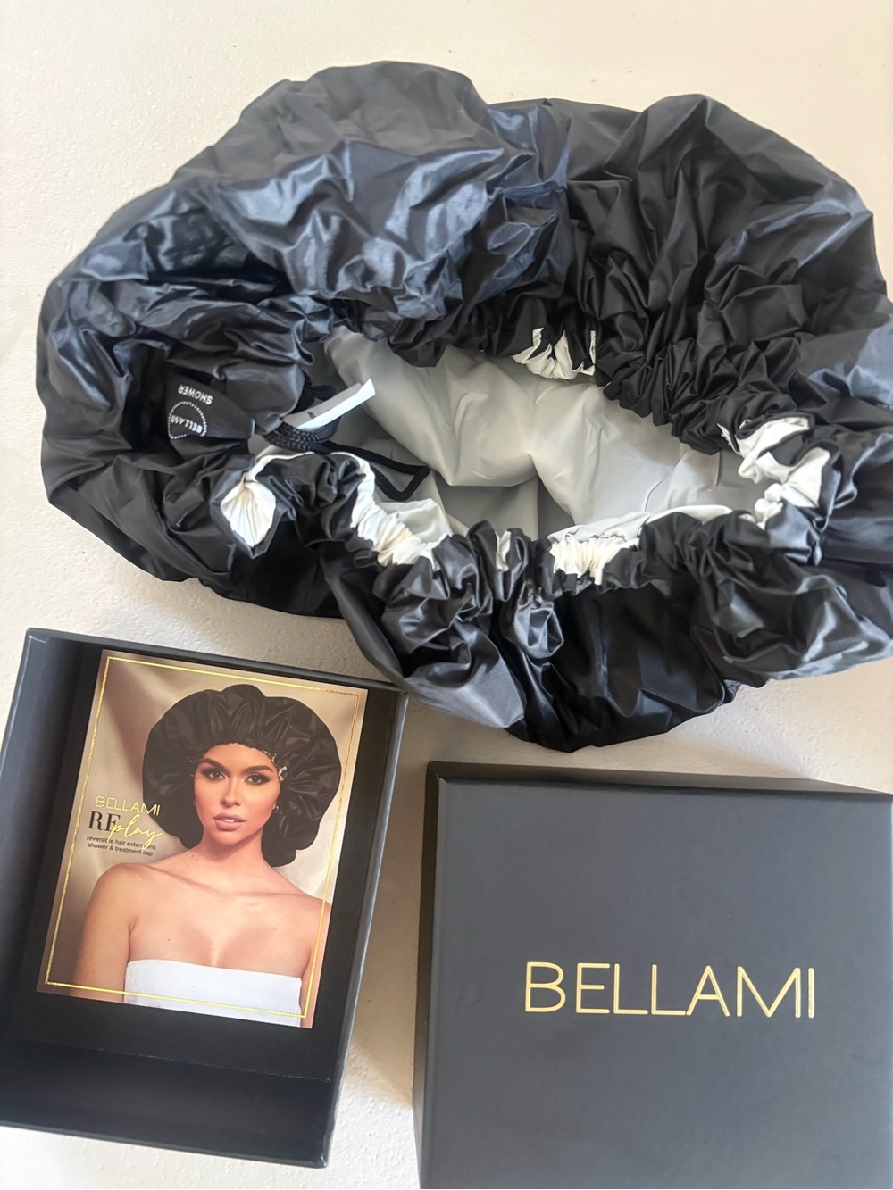 BELLAMI Black Satin Bonnet with White Interior